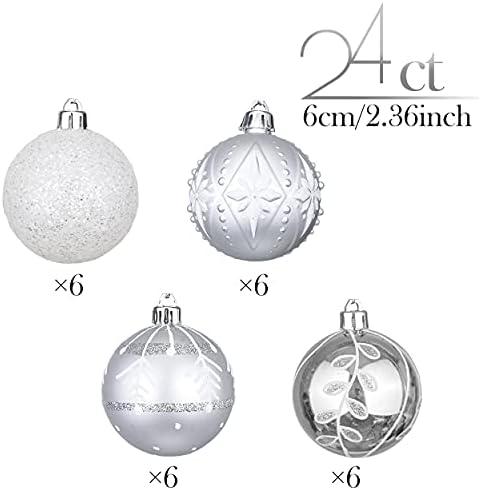Valery Madelyn 24pcs 6cm Shatterproof Christmas Baubles, Frozen Winter Silver and White Christmas Ball Ornaments for Christmas Tree Decorations