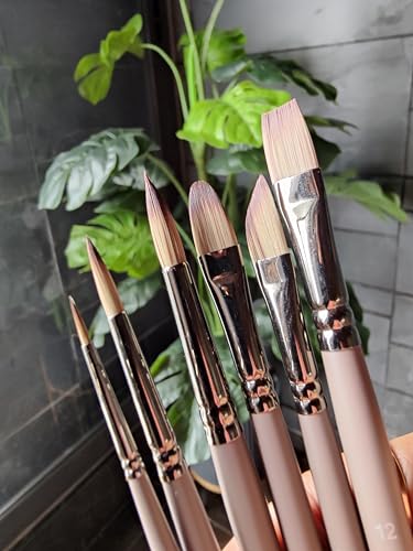 BRUSTRO VelveTouch アーティストブラシ | 6本セット | ガッシュ アクリル 水彩 油絵 | ショートハンドル 合成毛 丸 フィルバート 短剣 フラットシェイプ