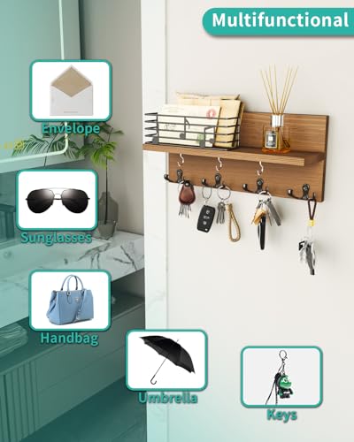 HapiRm Schlüsselhalter mit Notiz Zaun Dekoration, Schlüsselbrett mit Ablage & Schlüsselhaken, Schlüsselbrett Holz geeignet für Eingangsbereich, Haustür, Flur, Schlafzimmer, Büro Braun