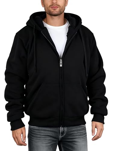 Vividpoint Black Sherpa Hoodies Jacket for Men, Zip Up Fleece Lined Hoodie Mens Sweatshirts Full Zip Heavyweight Winter Coat Men's Zipper Thermal Fashion Thick Basics Hooded Sweatshirt Jackets L