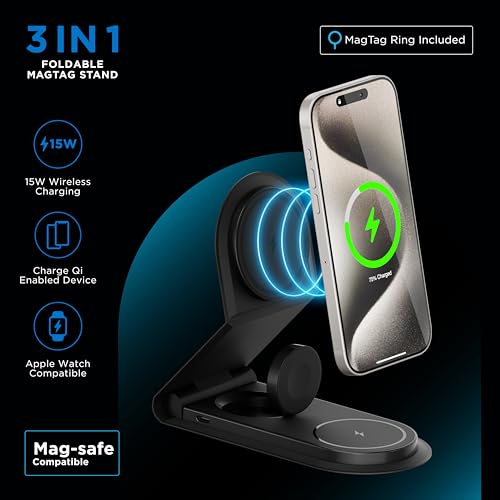 URBN Wireless Charger 3 in 1 Magnetic MagSafe Charging Foldable Stand for Apple iWatch, Airpods & iPhone 16/16 Pro / 16 Plus 15/15 Plus/15 Pro/15 Pro Max and Other Qi Supported Wireless Smartphones