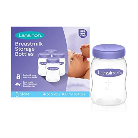 Lansinoh Breastmilk Storage Bottles Pack of 4 (160ml) fits NaturalWave teats, BPA & BPS free, Fridge or freezer storage, purple Cover