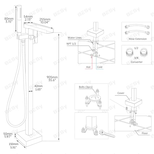 BESy Tub Filler Freestanding Bathtub Faucet Free Standing Tub Faucet Matte Black Floor Mount Bathroom Tub Faucets Bath Faucets with 2 Function Handheld Sprayer by BESy - Used condition - Image 9