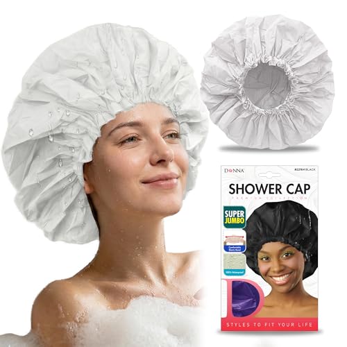 DONNA Super Jumbo Shower Cap – Comfortable Elastic Band, 100% Waterproof Hair Cap for Long Hair, Braids & Thick Styles, Reusable Big Shower Cap for Women, Keeps Hair Dry & Protected, WHITE
