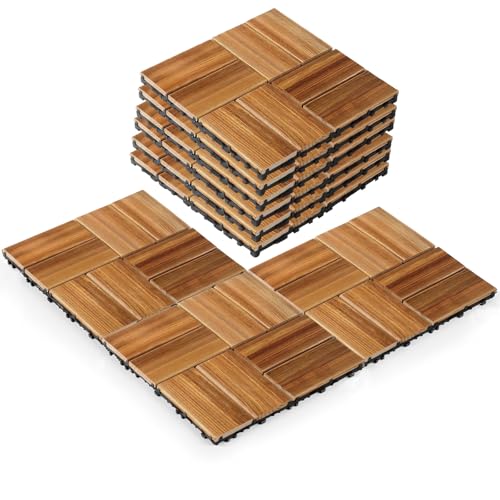 9PCS 8 Slats Carbonized Pine Wood Interlocking Deck Tiles Outdoor Waterproof Patio Flooring Tiles, 30 x 30cm Wood Decking Tiles Outdoor for Grass, Balcony, Patio, Backyard, Garden, Easy DIY Install