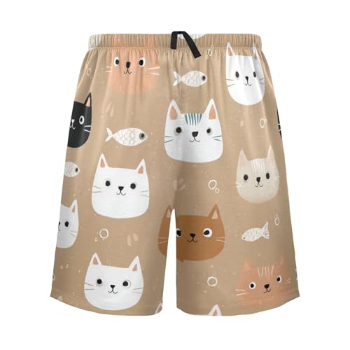Men's Short Pajama Bottoms Cute Cat Face Fish Home Casual Sleep Pants