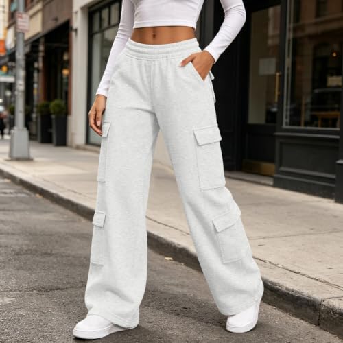 Women's Cargo Sweatpants Wide Leg Workout Pants with Pockets White - image 7