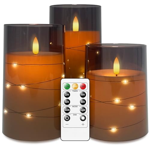salipt LED Flameless Candles, Battery Operated Flickering Candles, Moving Flame Electric Candle Sets Glass Effect with Remote Timer, Set of 3, H 4 5 6 - Fairy Lights Ivory