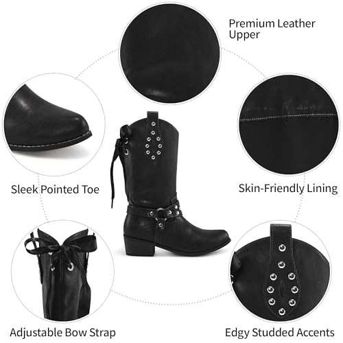 Image of Aomigoct Western Cowboy Boots for Women: Leather Mid Calf Fashion Chunky Cowgirl Boot Pointed Toe