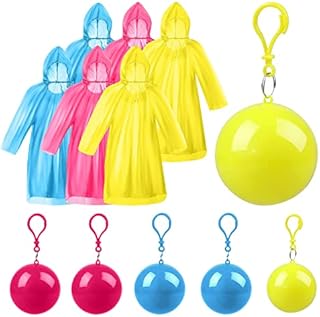 Xrkuu 6 Pieces Disposable Emergency Rain Ponchos, Waterproof Raincoats Packaged in Keychain Ball with Hook, Colorful Portable Adult Rainwear for Hiking, Camping & Outdoor Activities