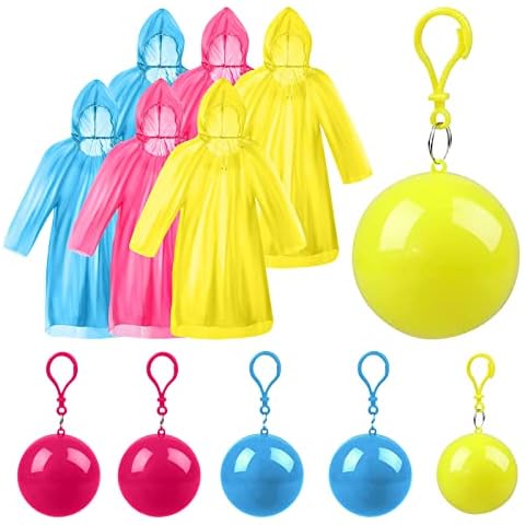 Xrkuu 6 Pieces Disposable Emergency Rain Ponchos, Waterproof Raincoats Packaged in Keychain Ball with Hook, Colorful Portable Adult Rainwear for Hiking, Camping & Outdoor Activities Cover