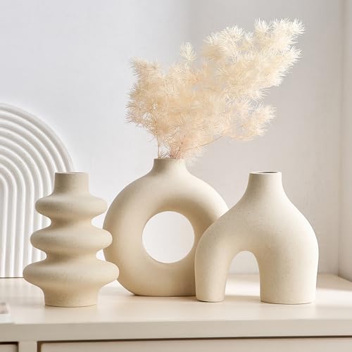 Weiße Keramikvase Satz von 3, kleine Blumenvasen für Pampasgras, Moderne Boho Vasen für Dekor, runde weiße Vasen Mittelstücke für Hochzeit Wohnzimmer Schlafzimmer Couchtisch Eingang – Bild 3