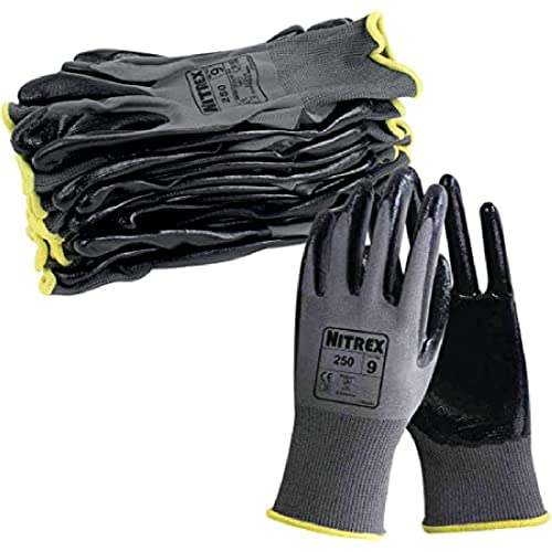 NITREX Unigloves 250 – 10 pares – Guantes de manipulación general con revestimiento de palma de nitrilo y forro de poliéster, color gris y negro