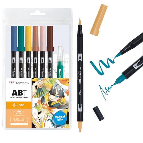 Tombow ABT Dual Brush Pen Set Manga Aquarelle Bird, set de 6 ABT + pinceau à réservoir d'eau, modèles de coloriage & tutoriel vidéo [ABT-6P-MANGA-BIRD], jaune
