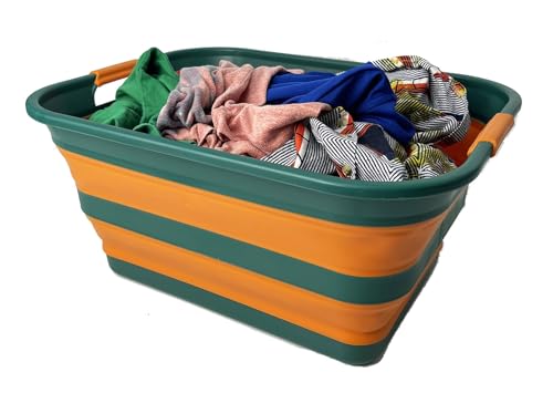 Image of SAMMART Collapsible Plastic Laundry Basket with Handle /Foldable Pop Up Storage Hamper /Portable Laundry Organizer-Space Saving Washing Tub /Household Storage (Teal Green /Autumn leaf, 42L)