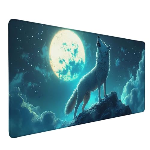 Tapis de souris XXL loup 150x80 cm bleu impermeable et antiderapant