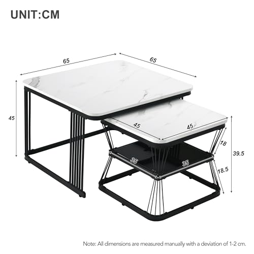 Merax Quadratisch Couchtisch 2er Set, Moderne Wohnzimmertisch mit Marmoroptik, Hochglänzend Satztisch mit Stauraum, für Wohnzimmer, Balkon und Büro, Metallgestell, Weiß und Schwarz – Bild 3