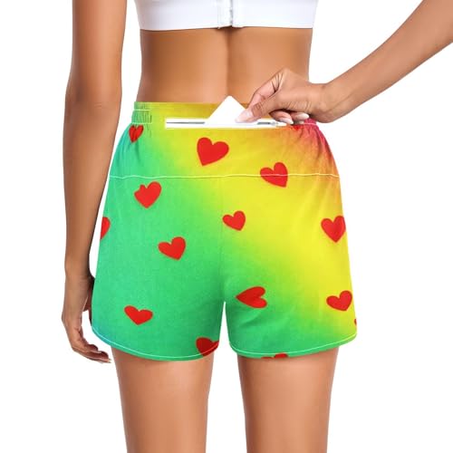 QUGRL Women's Running Shorts Red Hearts Rainbow Quick Dry Athletic Shorts Valentine's Day Womens Casual Bottom with Back Zipper Pocket for Tennis Large