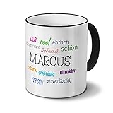 printplanet Tasse mit Namen Marcus - Positive Eigenschaften von Marcus - Namenstasse, Kaffeebecher, Mug, Becher, Kaffeetasse - Farbe Schwarz