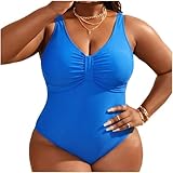 Plus Size Women One Piece Swimsuit Solid Tummy Control Bathing Suit Full Coverage Ruched Swimwear 2026 Fashion Blue
