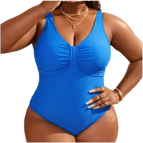 Plus Size Women One Piece Swimsuit Solid Tummy Control Bathing Suit Full Coverage Ruched Swimwear 2026 Fashion Blue