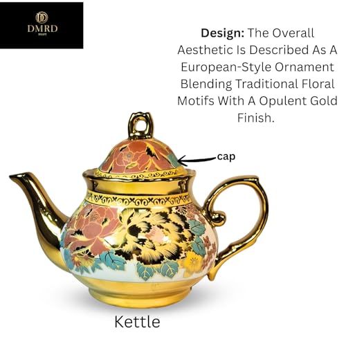 Image of DMRD Ceramic Tea Set -13 Pcs |1Kettle (800 ml), 6 Cups (180ml) & 6 Plates | Microwave & Dishwasher Safe | Elegant Morning Tea Set for Gifting | Floral & Aesthetic Design | Cute Cups Set (Pink)