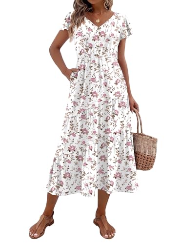 Image of Zeagoo Women's Summer Casual Dress Flutter Short Sleeve V Neck Button Down Tiered Flowy Long Dress with Pockets