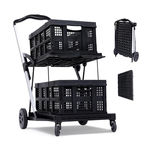 Two Layers Folding Shopping Carts | Multi Use Functional Collapsible Carts with 360 Rolling Swivel Wheels Shopping Cart with Storage Crate | Utility Cart for Groceries, Warehouse