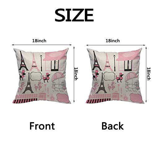 Hosnye Pink Eiffel Tower Cotton Linen Throw Pillow Case Girly Heart Travel Paris And Pink Poodle Ooh La La Pillow Cushion Covers Home Sofa Decorative 18 X 18 Inch #TOP1