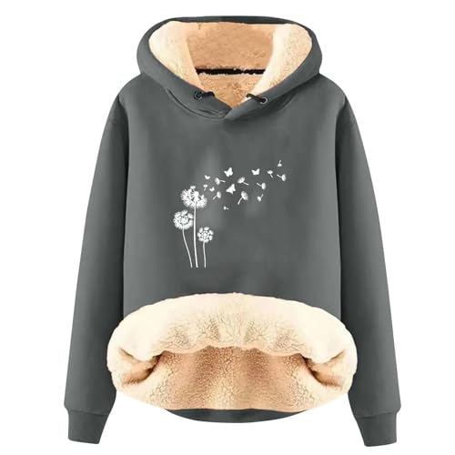 Image of Oversized Women Dandelion Printed Hooded Sweater And Velvet Thickened Warm Loose Hooded Pullover Girls Hoodie Fleece Lined Hoodies For Women (Dark Gray, M)