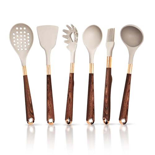 Silicone Cooking Utensils Set - Heat Resistant 6-Piece Cooking Utensils Set with Wooden Grain Handles - BPA free - Non Scratch & Non Stick Silicone Kitchen Gadget Spatulas Set - 446°F Heat Resistant
