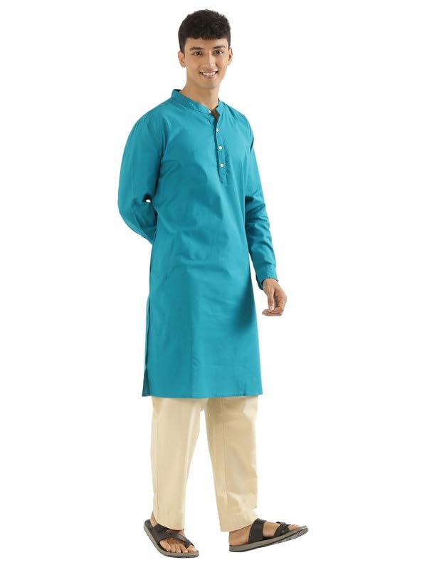 Image of SAADAA Men's Long Kurta - Linen Cotton Blend, Airy Fabric, Regular Fit, Mandarin Collar, Solid Color - Casual, Festive & Ethnic Wear
