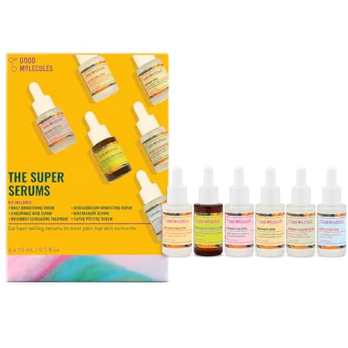 Good Molecules The Super Serums Discovery Set 6 Mini Serums (0.5 Fl Oz Each) Hyaluronic Acid Niacinamide Discoloration Correcting Daily Brightening Super Peptide & Overnight Exfoliating
