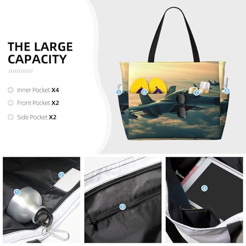 Beach Bags For Women Large Waterproof Sandproof Beach Tote Bag Lightweight Zipper Carry On Bag Aircraft Fighter Jets Pool Bag For Gym Travel Vocation3