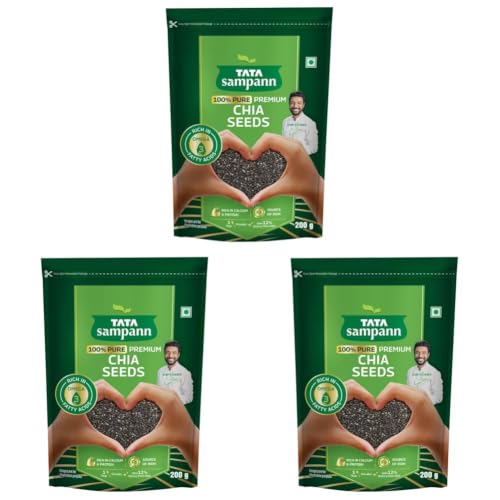 Image of Tata Sampann Pure Chia Seeds, 200g, Rich in Calcium & Protein, Source of Iron, Trans Fat Free, Rich in Magnesium, Rich in dietary fibre, Rich In Omega 3 Fatty Acid (Pack of 3)