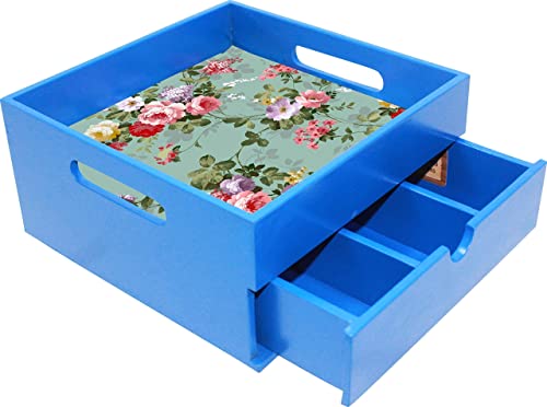 Enigmatic Woodworks Engineered Wooden Tray with Drawer, Kitchen Use or Home Decor, 8.25 x 4 x 8.25 Inches, Vintage Flower Print, Colour Blue