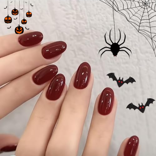 modelones Dark Red Short Press On Nails, Oval Fake Nails