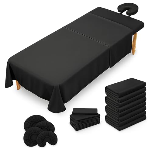 XOLLOZ Massage Table Sheets Set – 3 Piece 4 Set, Microfiber Spa Bed Sheets, Cotton-Feel Massage Bed Cover, Wrinkle & Oil Resistant, Soft Accessories for Estheticians – Black