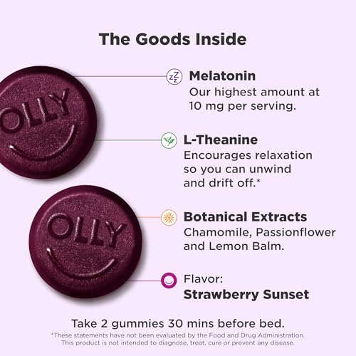 Image of OLLY Max Strength Sleep Gummy,10mg Melatonin,L-Theanine,Chamomile,Lemon Balm,Sugar Free,Vegetarian Sleep Aid,Strawberry -,70 Count (Pack of 2)