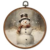 KSDUT Vintage Winter Wall Art Decor - Retro Christmas Snowy Wall Art Canvas Frame Hanging Prints, Snowman Holiday Landscape Round Wall Art Decor for Home Farmhouse Decorations 10'x10'