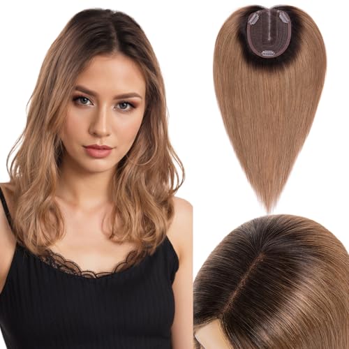 SLEEKALON 100% Real Human Hair Topper for Women,10x12cm Large Base Black roots Medium Brown Topper Hair Piece for Thinning Hair/Covers Grey Hair(12 Inch,Black roots Medium Brown)