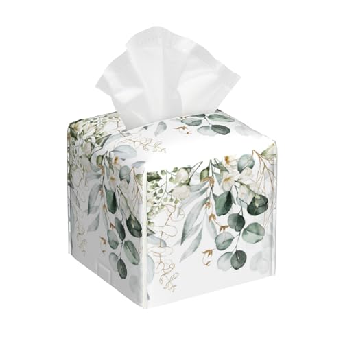 Eucalyptus Leaves and Flowers Tissue Box Cover Square,Watercolor Green Leaves Branches Tissue Box Holder Waterproof Leather Facial Paper Organizer Dispenser for Bathroom Home Car Nightstand Vanity by sndheke - Used condition - US$10.50