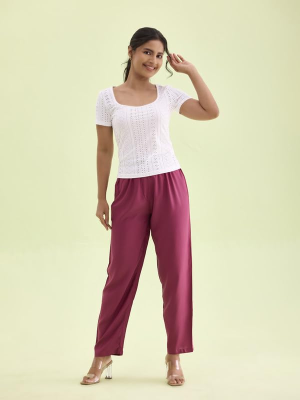 Image of GO COLORS Women Solid Mid Rise Relaxed Fit Viscose Casual Pants