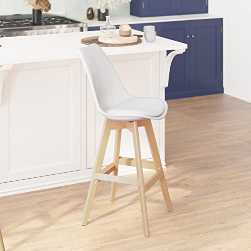 Flash Furniture Dana Set Of 2 Modern Commercial Counter Stools - White Plastic Backrest - Leathersoft Padded Seat - 27 Inch Counter Stools - Oak Finish Wood Frame #TOP7