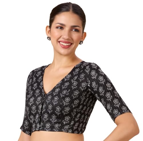 Image of Studio Shringaar Women Cotton Half Sleeve Block Printed Saree Blouse with Stretchable Sides