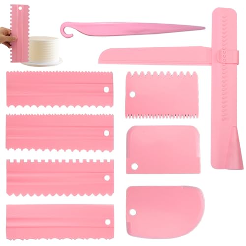Kuchen Schaber, 9 Stück Cake Scraper Set, Tortenschaber Set DIY Tortenspachtel Glätter Fondant Tortenglätter Verstellbar Kuchenschaber für Buttercreme Backwerkzeuge (Rosa)