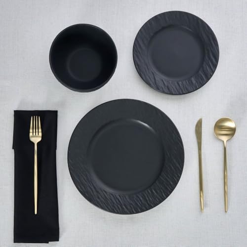 Karaca Solem Embossed, 18-teiliges Tafelservice aus Steingut, Schwarz, Elegantes Geschirrset mit Tellern & Schalen, Ideal für 6 Personen