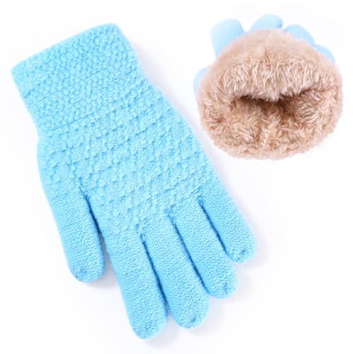 Winter Gloves for Boys Girls - Kids Warm Knit Thermal Cable Knitted Gloves Wool Fleece Lined Mittens for Cold Weather (Sky blue, 1 Pair)