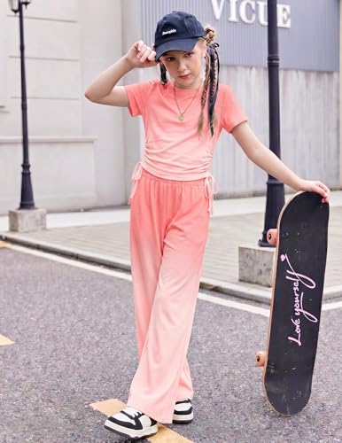 Image of Arshiner Girls 2 Piece Outfit Ruched Drawstring Tops and Wide Leg Pants Set