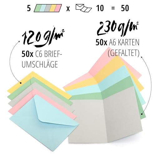 Japun - 50er Set blanko Falt-Karten inkl. Briefumschläge, Klapp-Karten zum gestalten, beschriften oder bedrucken - DIN A6 / C6 - pastell mix bunt
